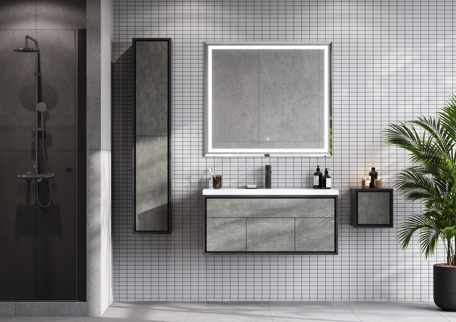 Тумба Aquaton Уэльс 100 с раковиной Брук 100, 2 ящика, 2 двери, подвесная, графит