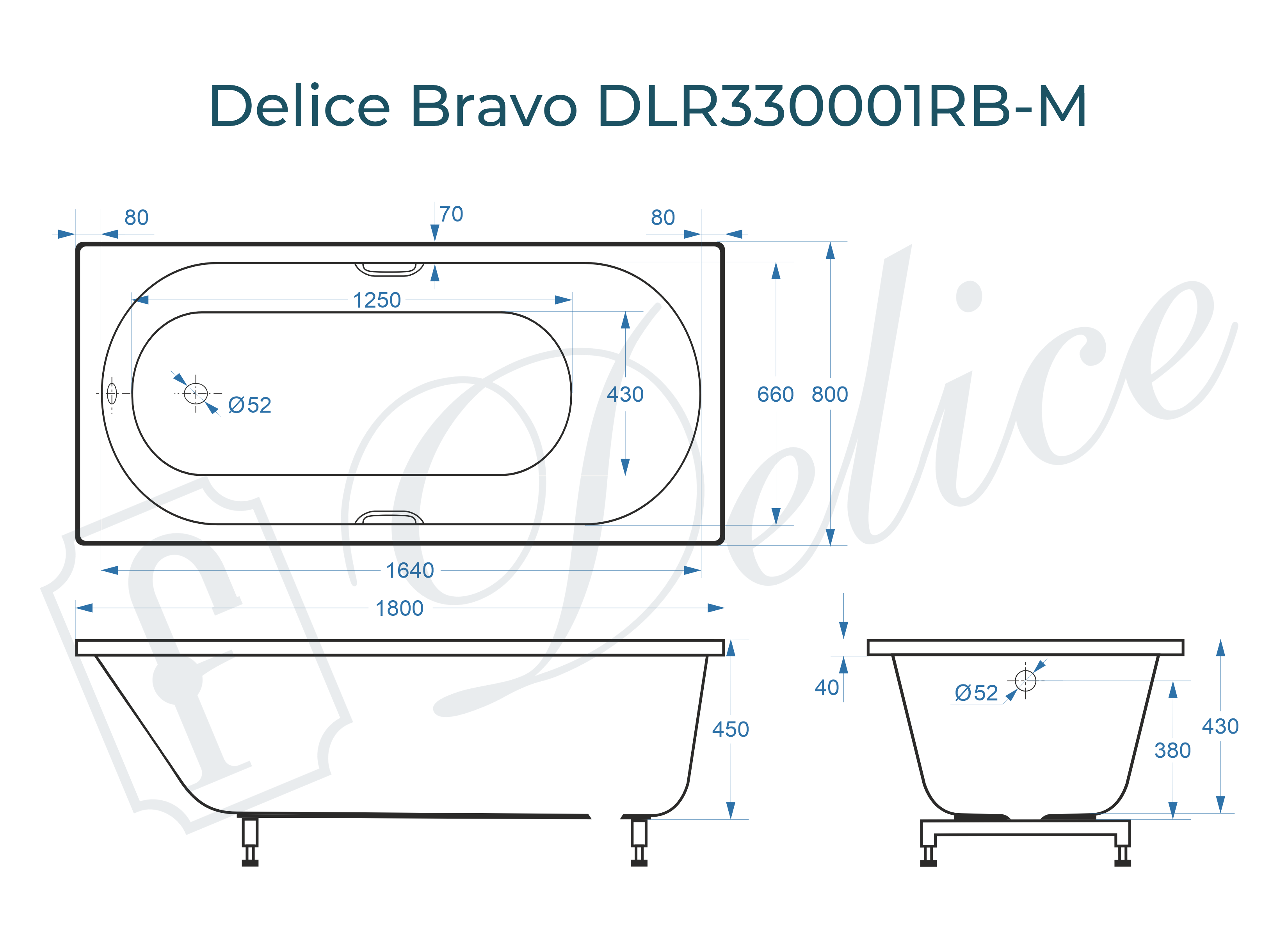 Ванна из литьевого мрамора Delice Bravo 180х80 матовая с черными ручками DLR330001RB-M