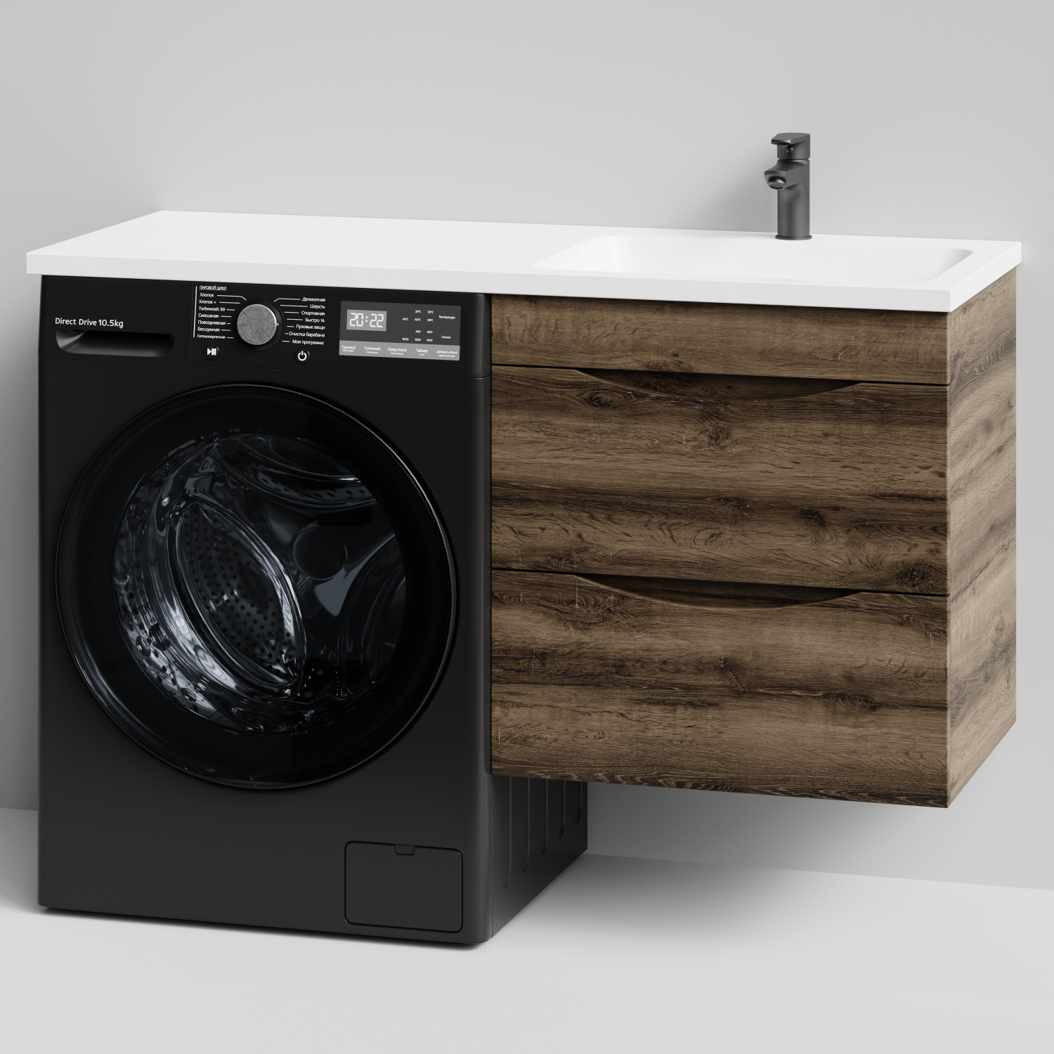 Тумба Vod-ok 58 с раковиной Смайл 120 подвесная, под стиральную машину, правая, Дуб крымский коричневый