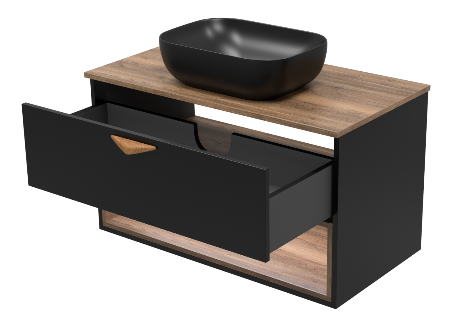 Тумба с раковиной Brevita Bergen 90 с подсветкой подвесная, черный/дуб галифакс
