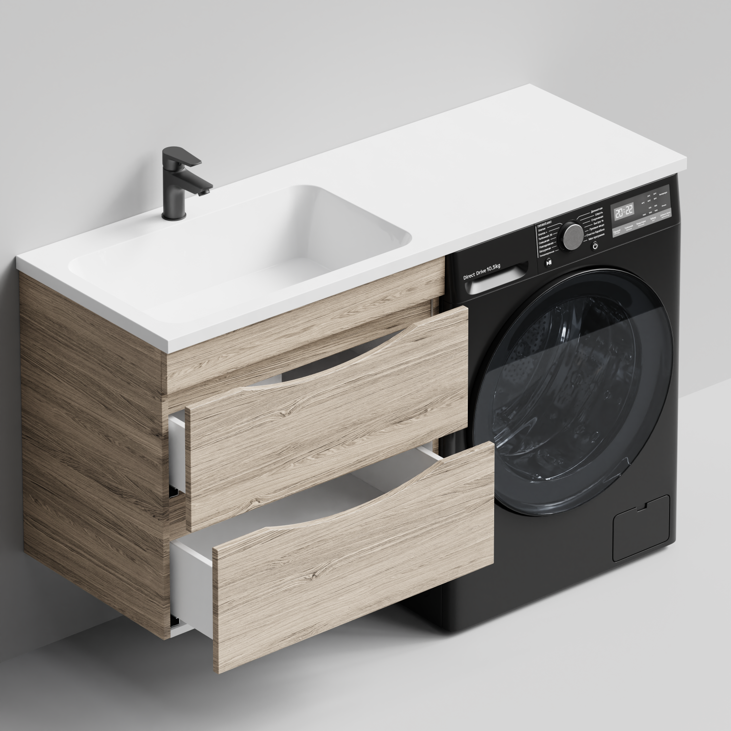 Тумба Vod-ok 68 с раковиной Смайл 130 подвесная, под стиральную машину, левая, Дубослив ореховый светлый