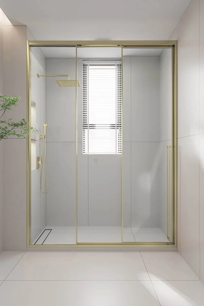 Душевая дверь раздвижная Veconi Premium Prato 300 G-L, 1100х2000, золото брашированный, стекло прозрачное