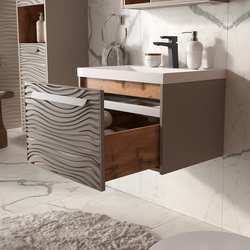 Тумба с раковиной EQUIL Gleam 60 подвесная, 1 ящик, амарок/дуб вотан