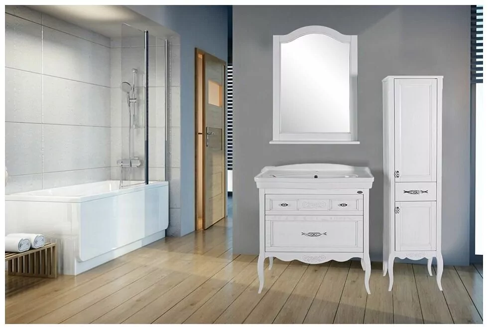 Тумба с раковиной ASB Woodline Модерн 85 напольная, белый, патина серебро