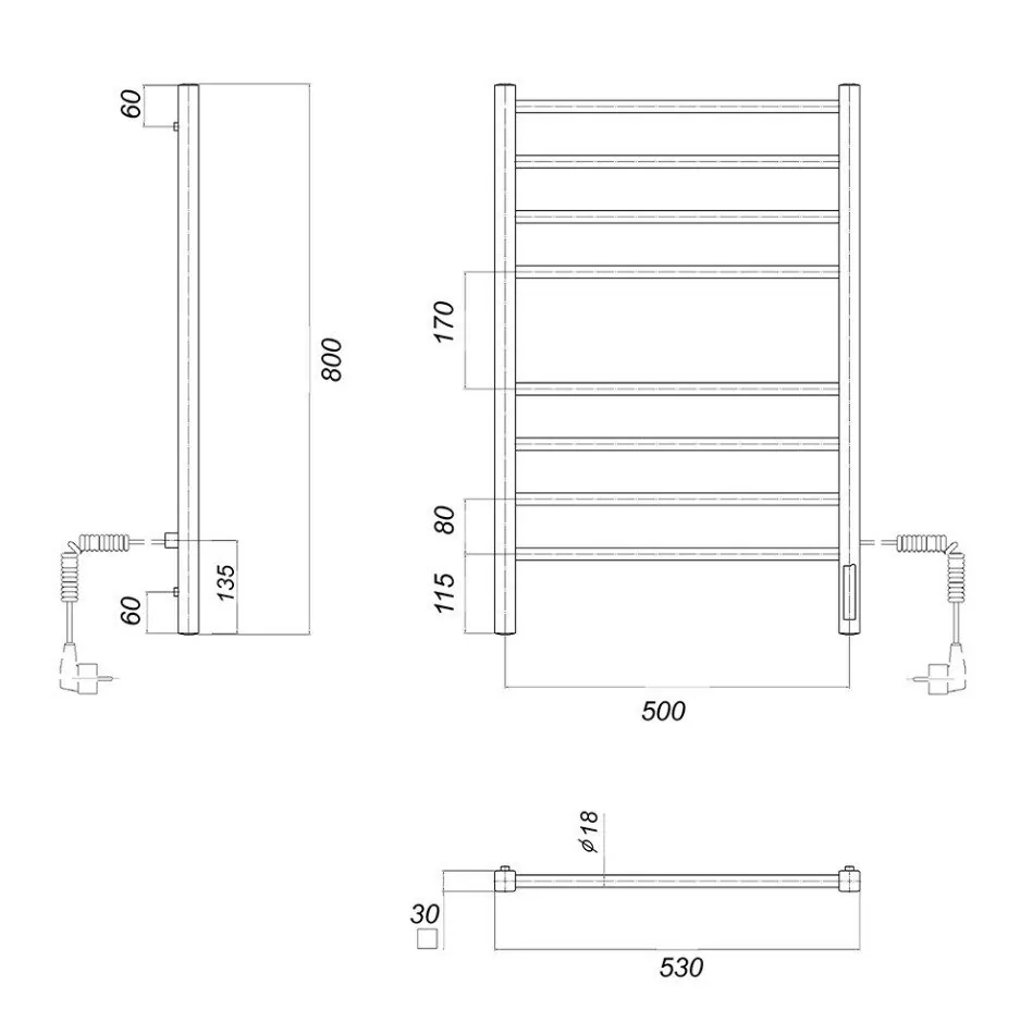 Полотенцесушитель электрический Domoterm Куба П8 500x800 EK R правый, черный матовый