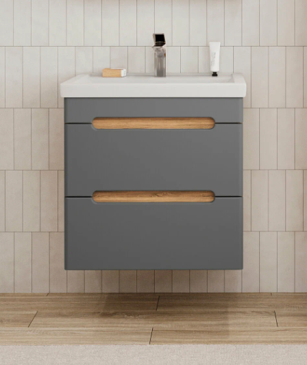 Тумба подвесная SanStar Diva 50 с раковиной Фостер 50, дуб вотан, графит софт