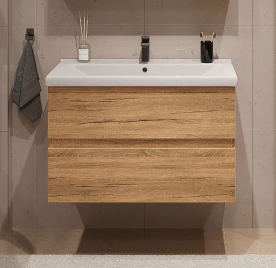 Тумба подвесная SanStar Lavanti 100 с раковиной Миранда 100 Дуб вотан