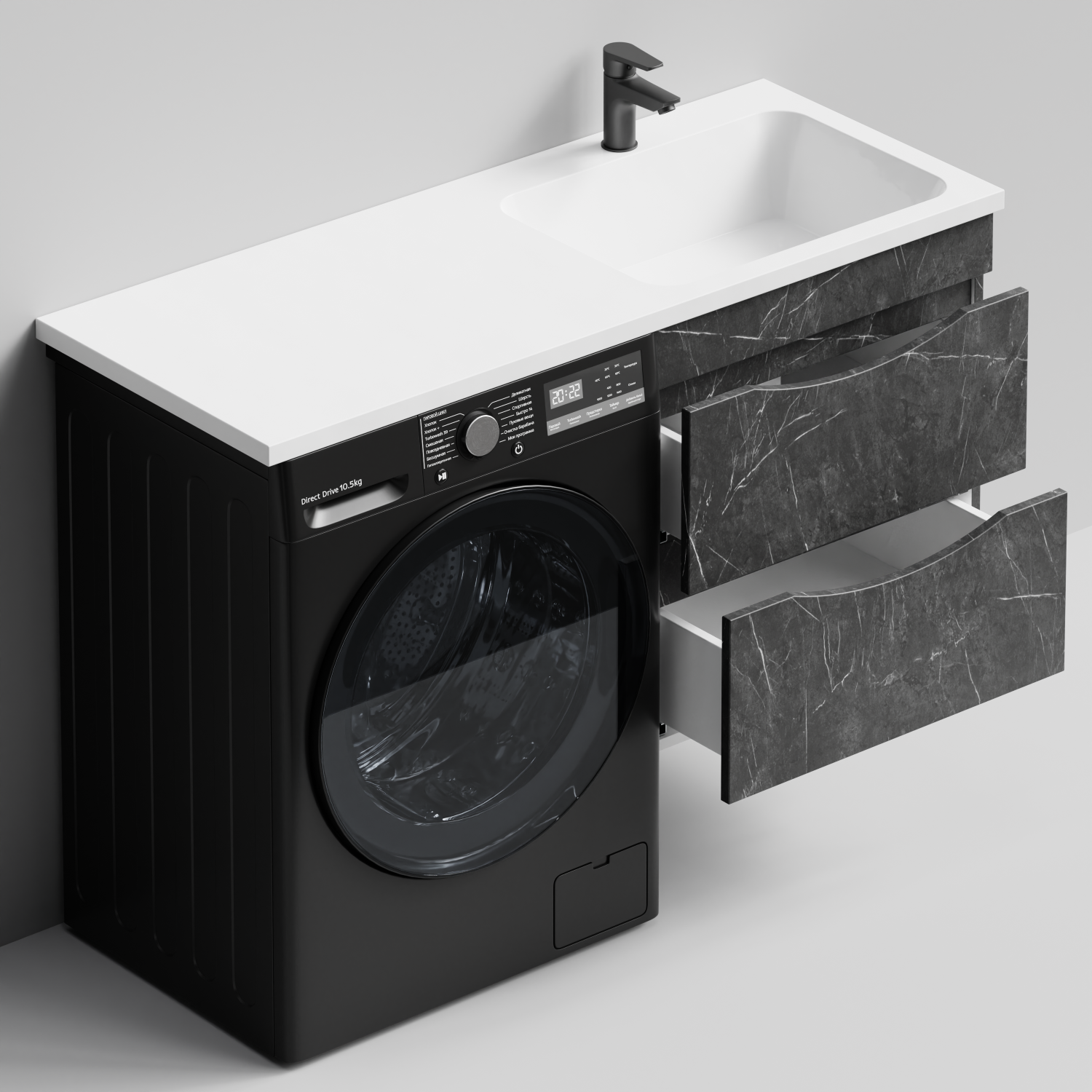 Тумба Vod-ok 58 с раковиной Смайл 120 подвесная, под стиральную машину, правая, Мрамор Графит софт тач
