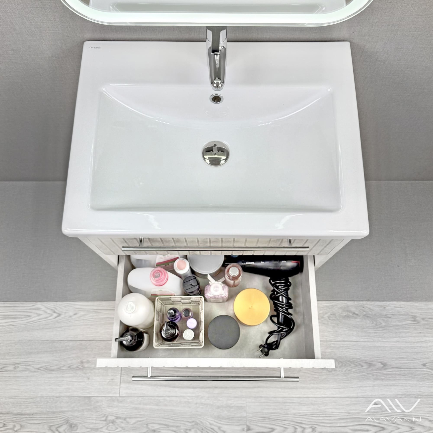 Тумба подвесная Alavann Emma 60 с раковиной Como 60, серый бетон