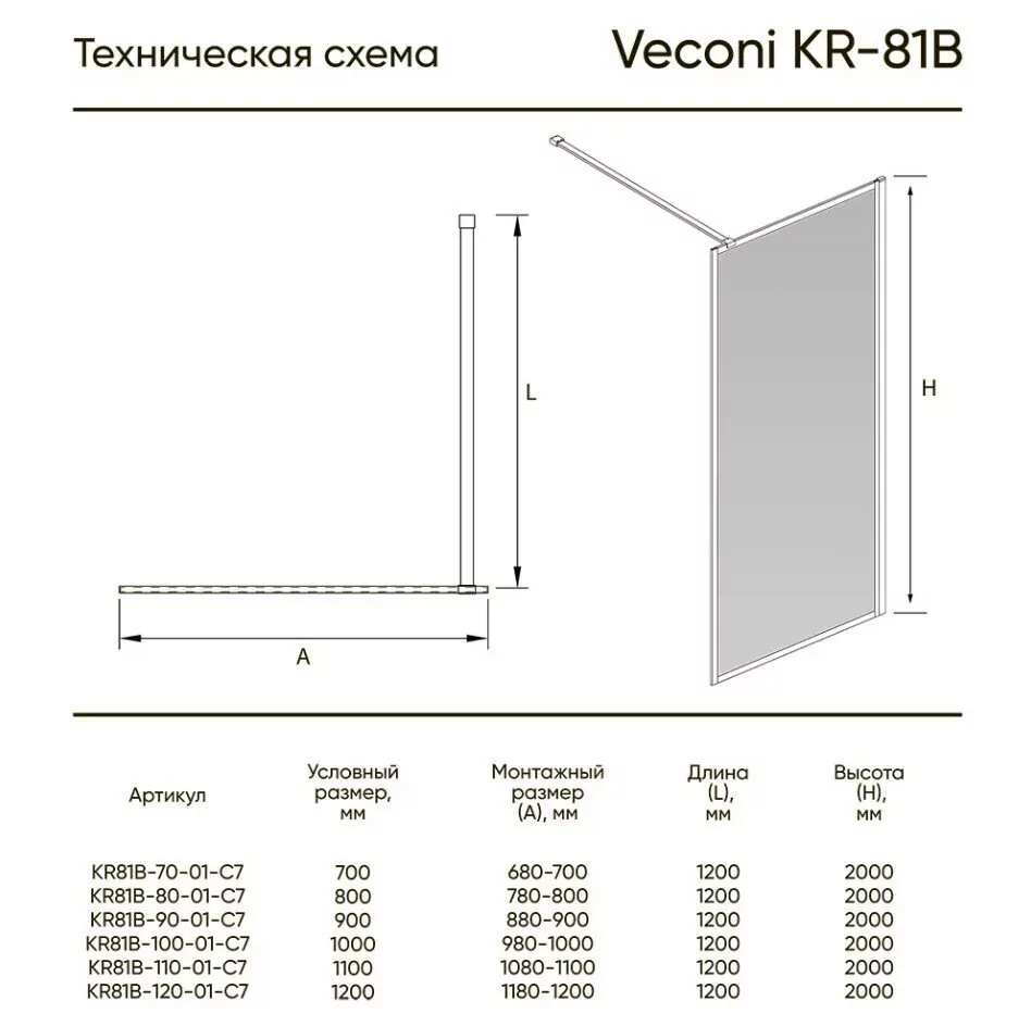 Душевая перегородка Veconi KR81B-120-01-C8 прозрачное стекло, профиль черный матовый
