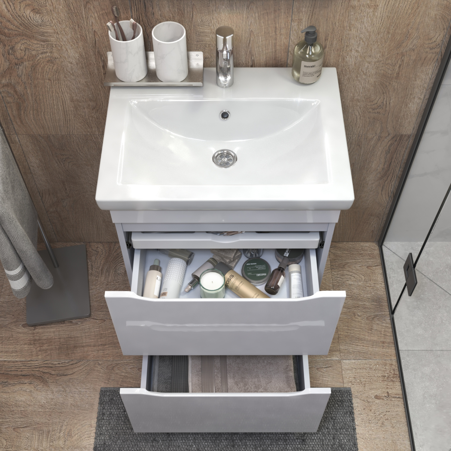 Тумба напольная Vigo Grani 600-0-2 с раковиной Como 60, 2 ящика, белый