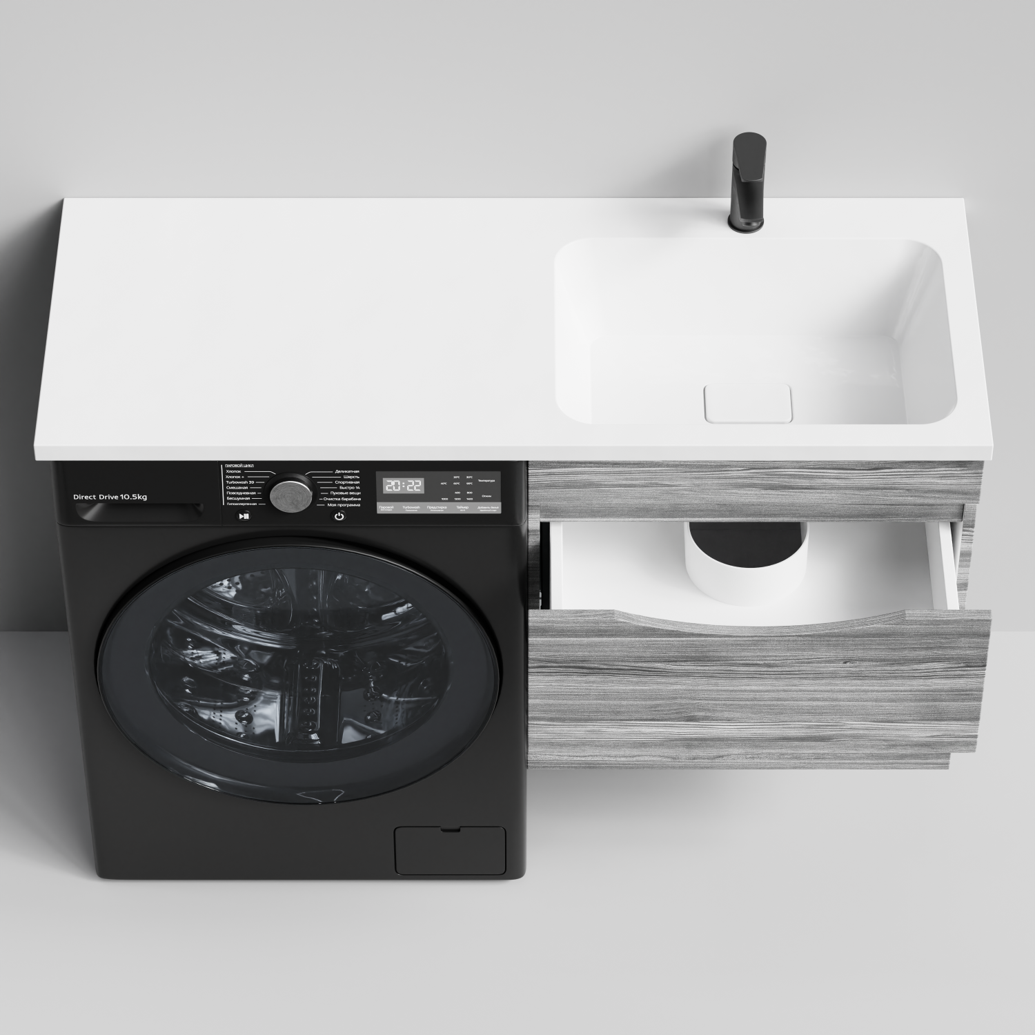 Тумба Vod-ok 58 с раковиной Смайл 120 подвесная, под стиральную машину, правая, Лиственница структурная контрастно-серая