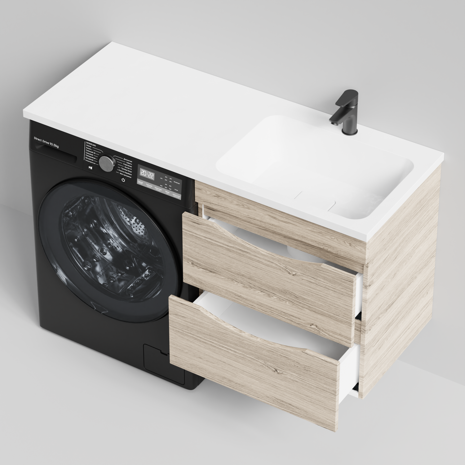 Тумба Vod-ok 58 с раковиной Смайл 120 подвесная, под стиральную машину, правая, Дубослив ореховый светлый