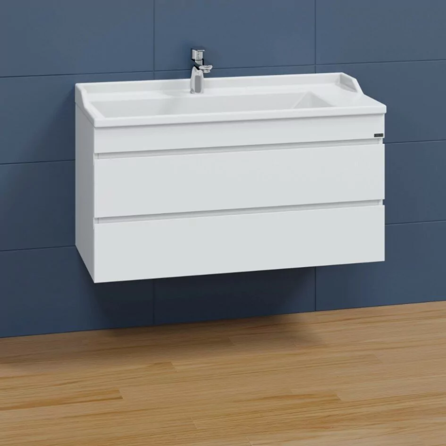 Тумба подвесная Санта Марс 100 с раковиной Сириус 100, 2 ящика, белая