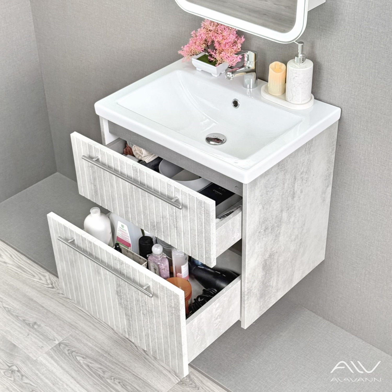 Тумба подвесная Alavann Emma 60 с раковиной Como 60, серый бетон