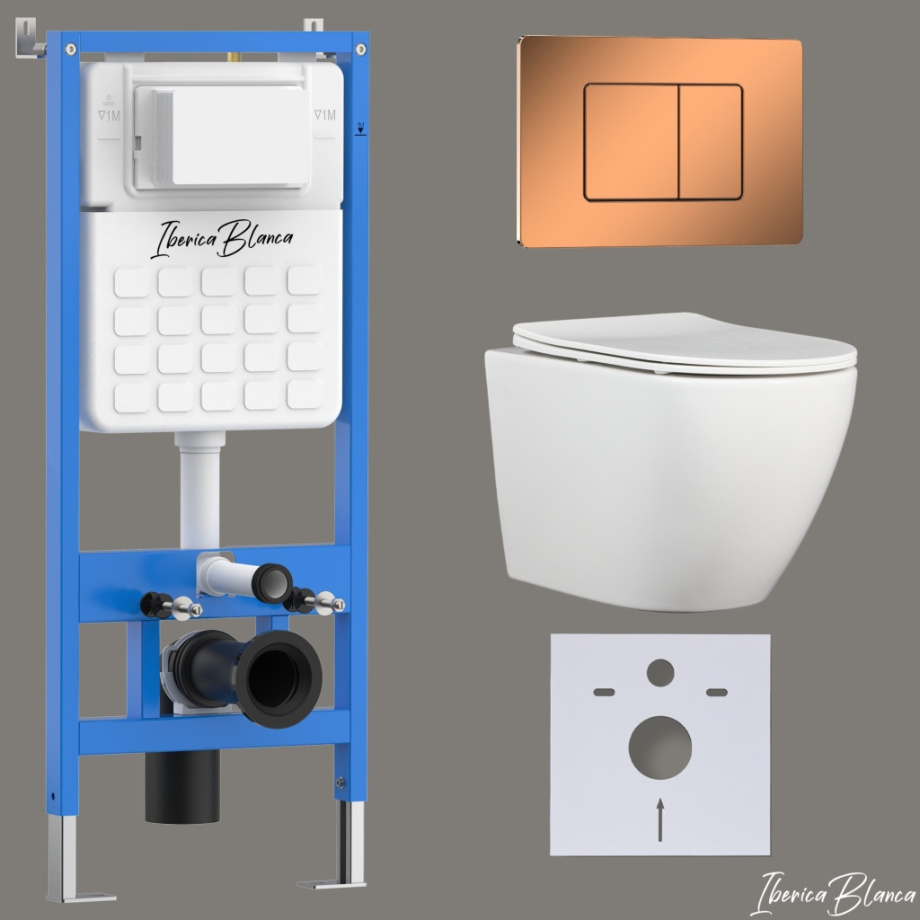 Комплект 3в1 IBERICA BLANCA инсталляция SILENCIO, унитаз BILBAO ALTO белый, кнопка смыва INOX-C розовое золото глянцевое (IB001.BLA.231.1141)