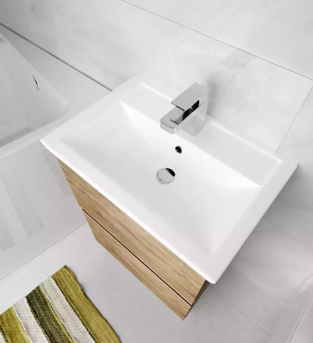 Тумба напольная 1Marka Aris 60Н с раковиной Atom 60, 2 ящика, дуб сонома