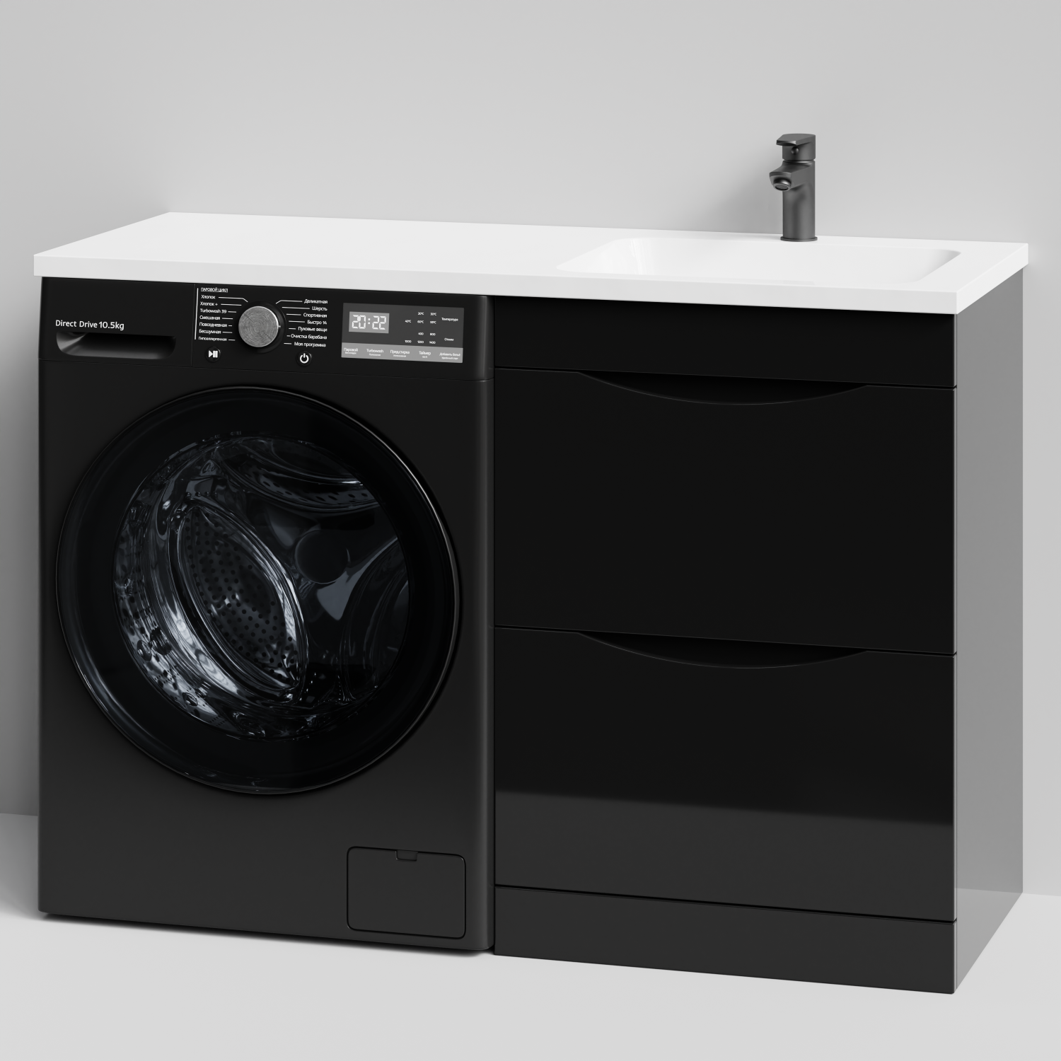 Тумба Vod-ok 58 с раковиной Смайл 120 напольная, под стиральную машину, правая, черный глянец