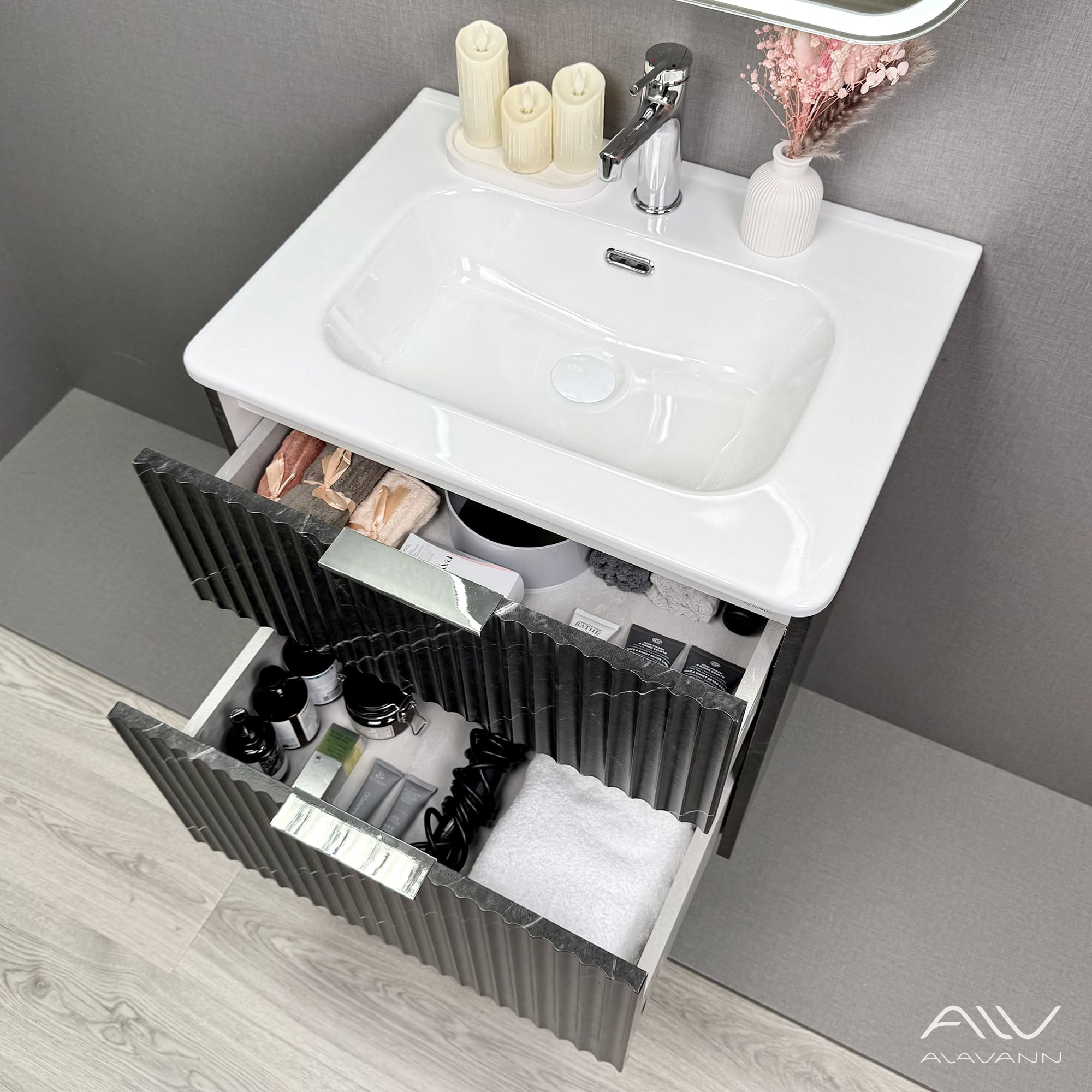 Тумба подвесная Alavann Anna 60 с раковиной Rado 60, черный мрамор