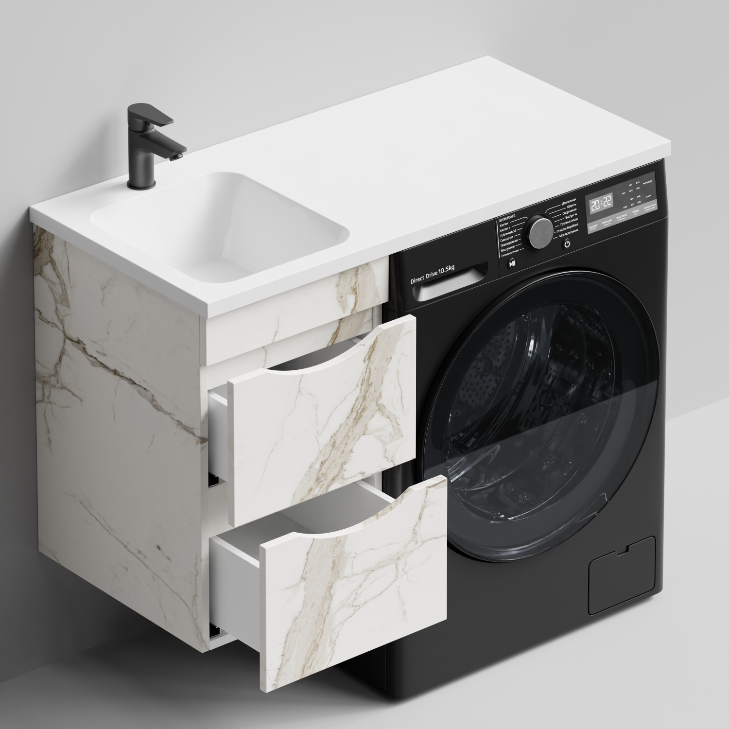 Тумба Vod-ok 38 с раковиной Смайл 100 подвесная, под стиральную машину, левая, Мрамор Белый натур милк
