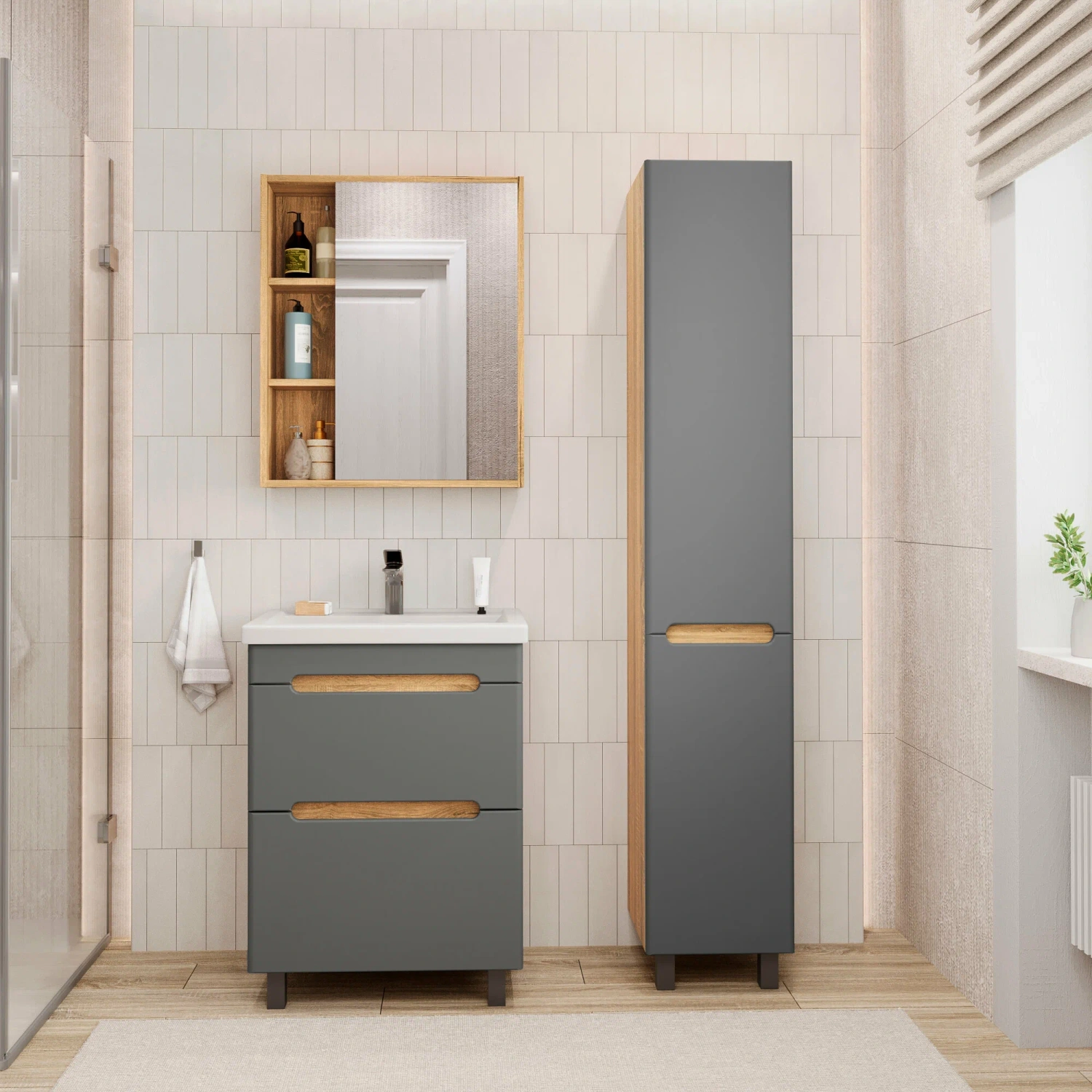 Тумба напольная SanStar Diva 60 с раковиной Фест 60 Дуб вотан, графит софт