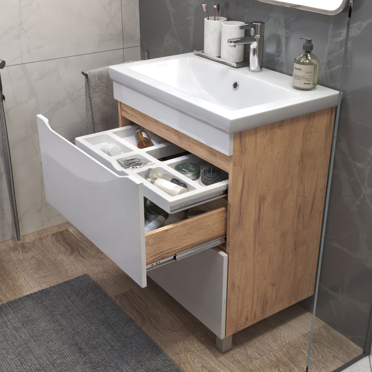 Тумба напольная Vigo Grani 700-0-2 с раковиной Como 70, дуб золотой