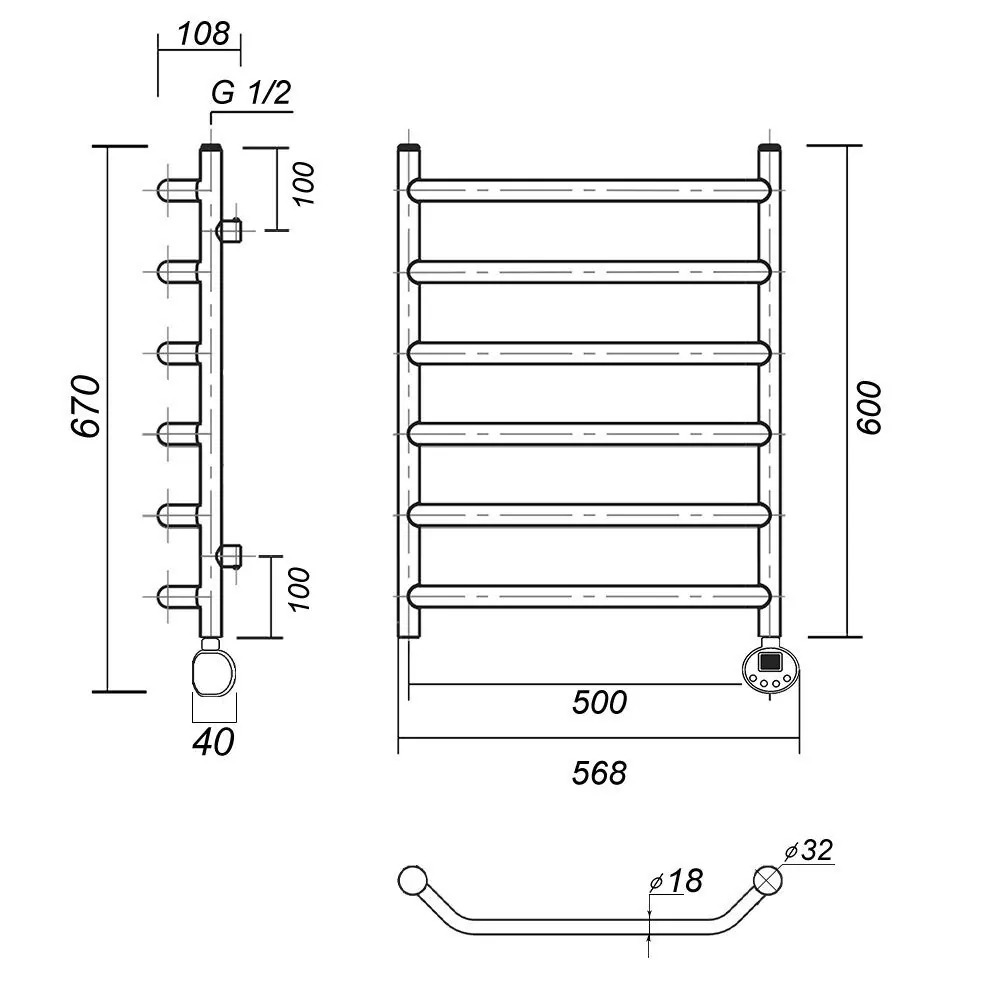 Полотенцесушитель электрический Domoterm Лаура П6 500х600 ER правый, хром
