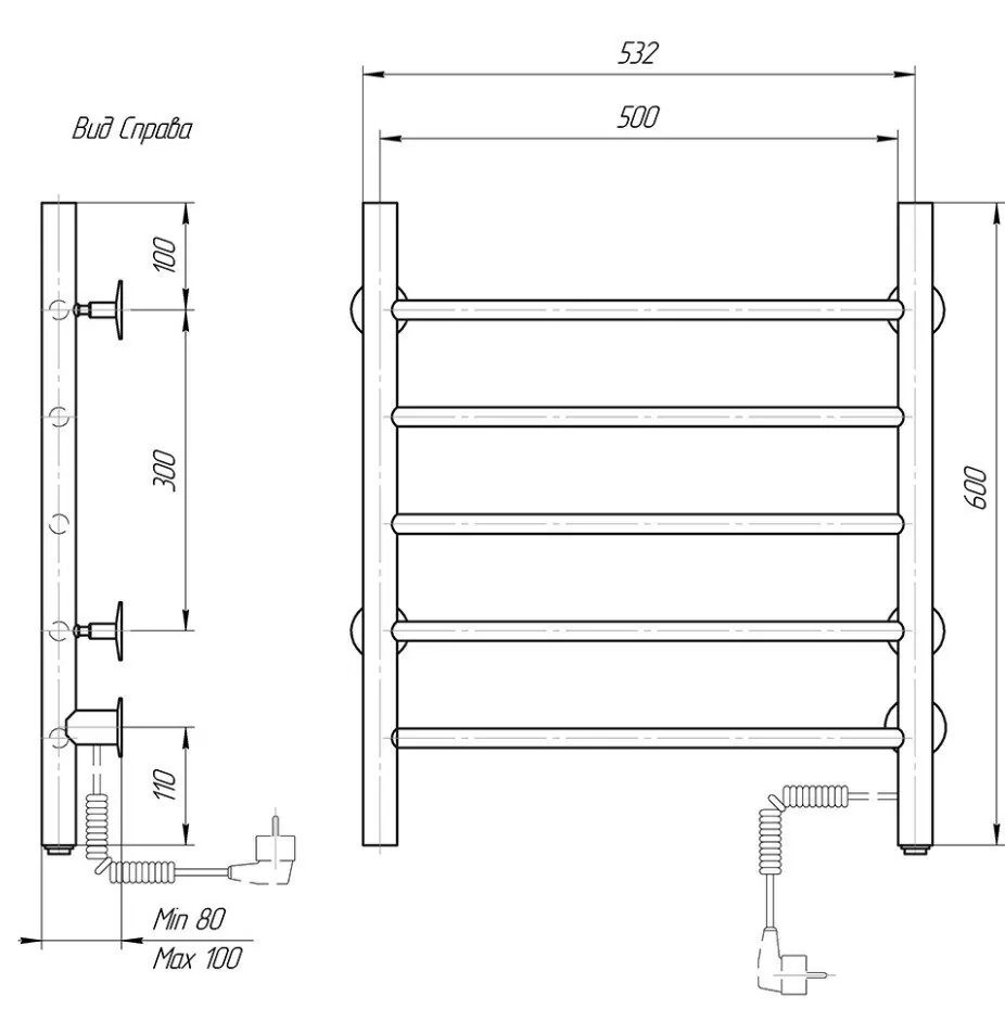 Полотенцесушитель электрический Domoterm Аврора 109-5 50х60 EK R правый, хром