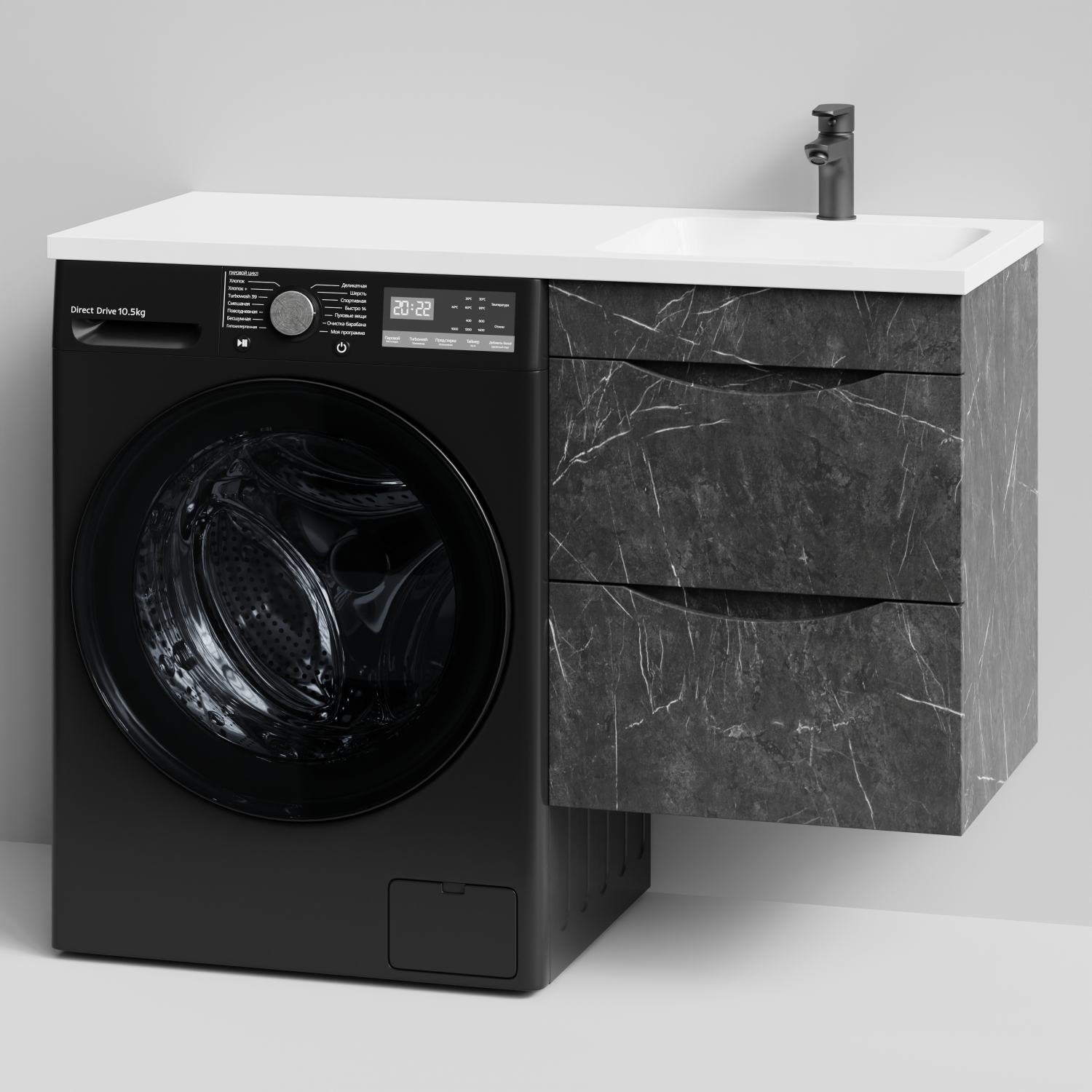 Тумба Vod-ok 48 с раковиной Смайл 110 подвесная, под стиральную машину, правая, Мрамор Графит софт тач
