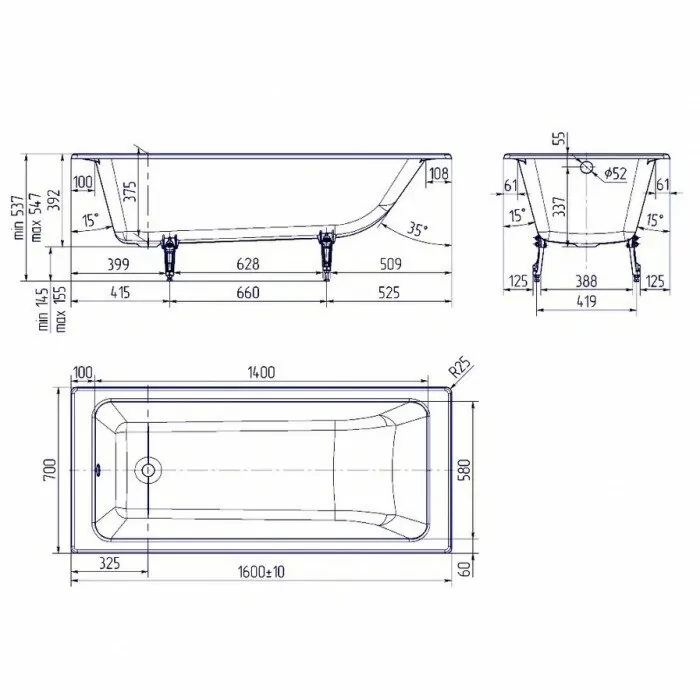 Ванна чугунная Delice Parallel 160х70 DLR220504-AS прямоугольная, с антискользящим покрытием