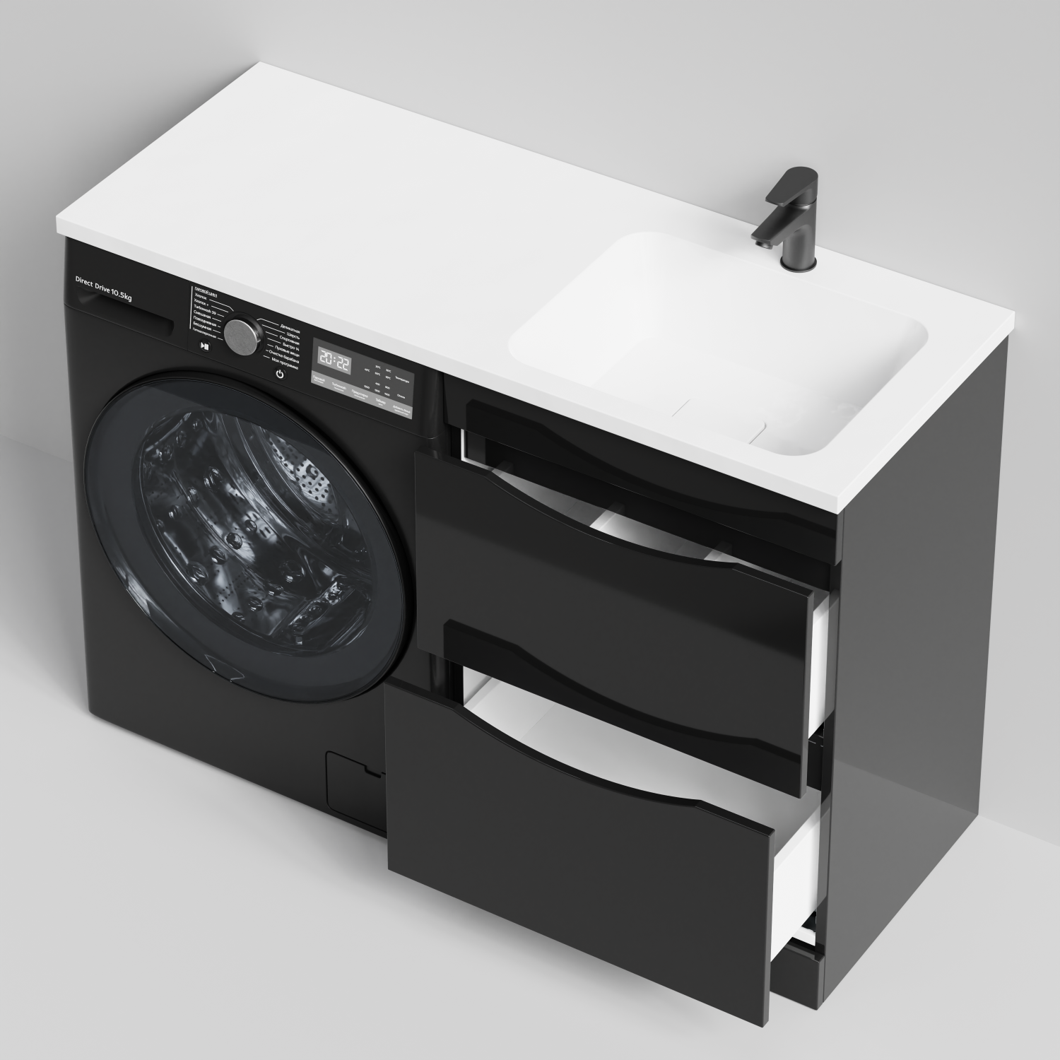 Тумба Vod-ok 58 с раковиной Смайл 120 напольная, под стиральную машину, правая, черный глянец