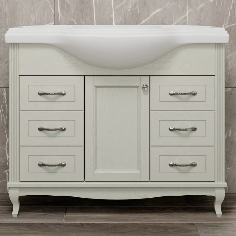 Тумба напольная ValenHouse Эллина 105/2 с раковиной Классик 105, 1 дверь, 6 ящиков, слоновая кость, хром