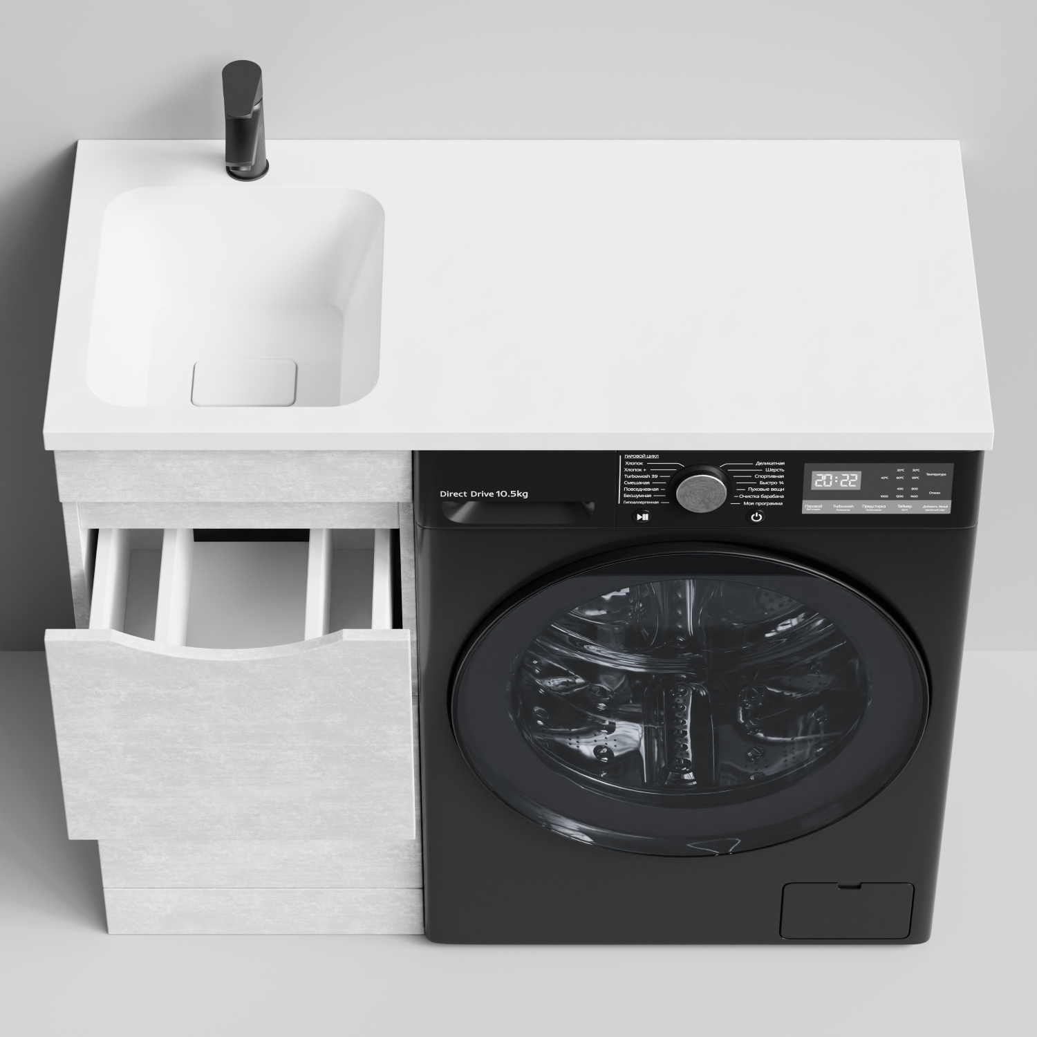 Тумба Vod-ok 38 с раковиной Смайл 100 напольная, под стиральную машину, левая, Белый камень