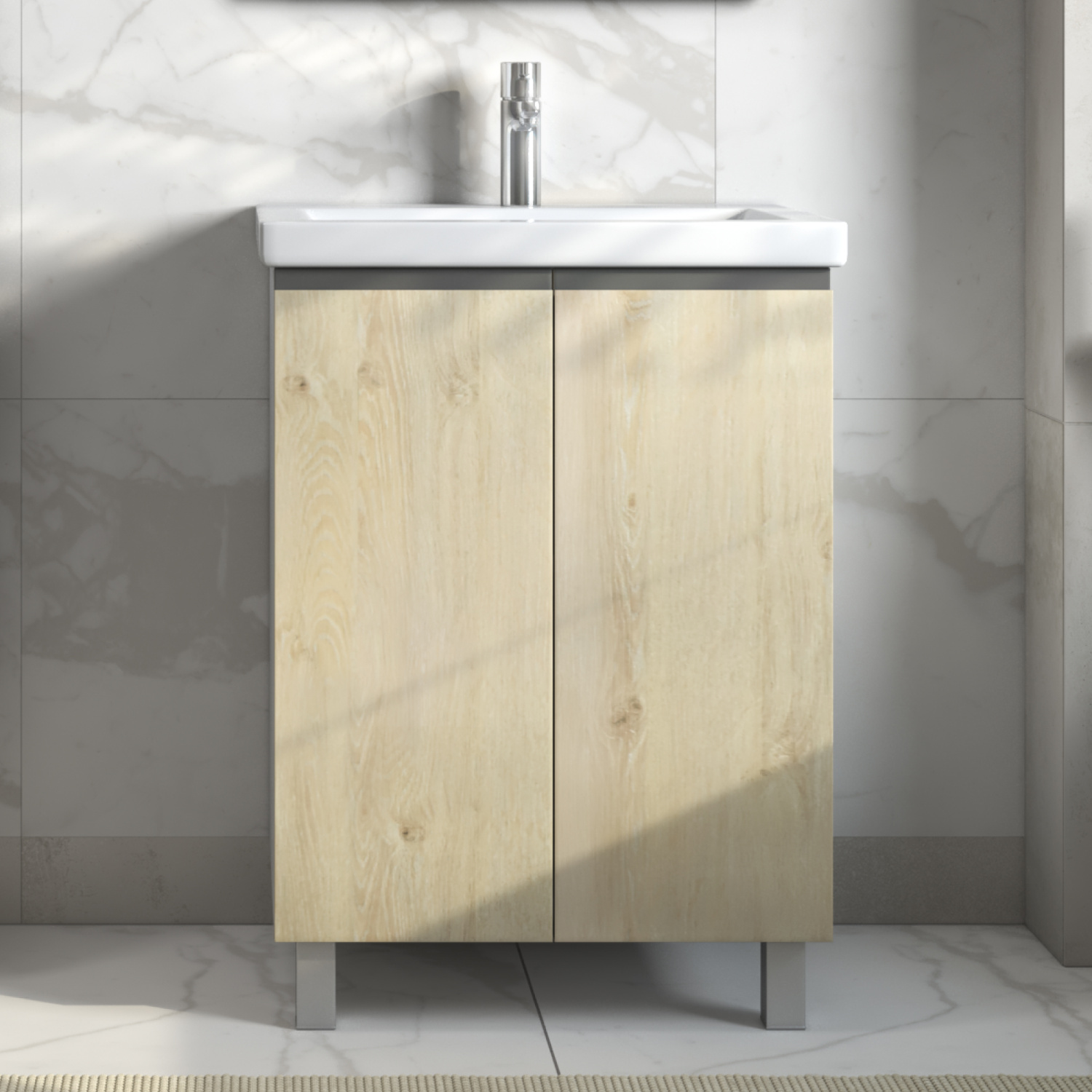 Тумба напольная Vigo Yuma 600-2-0 с раковиной Como 60, 2 двери, дуб давос