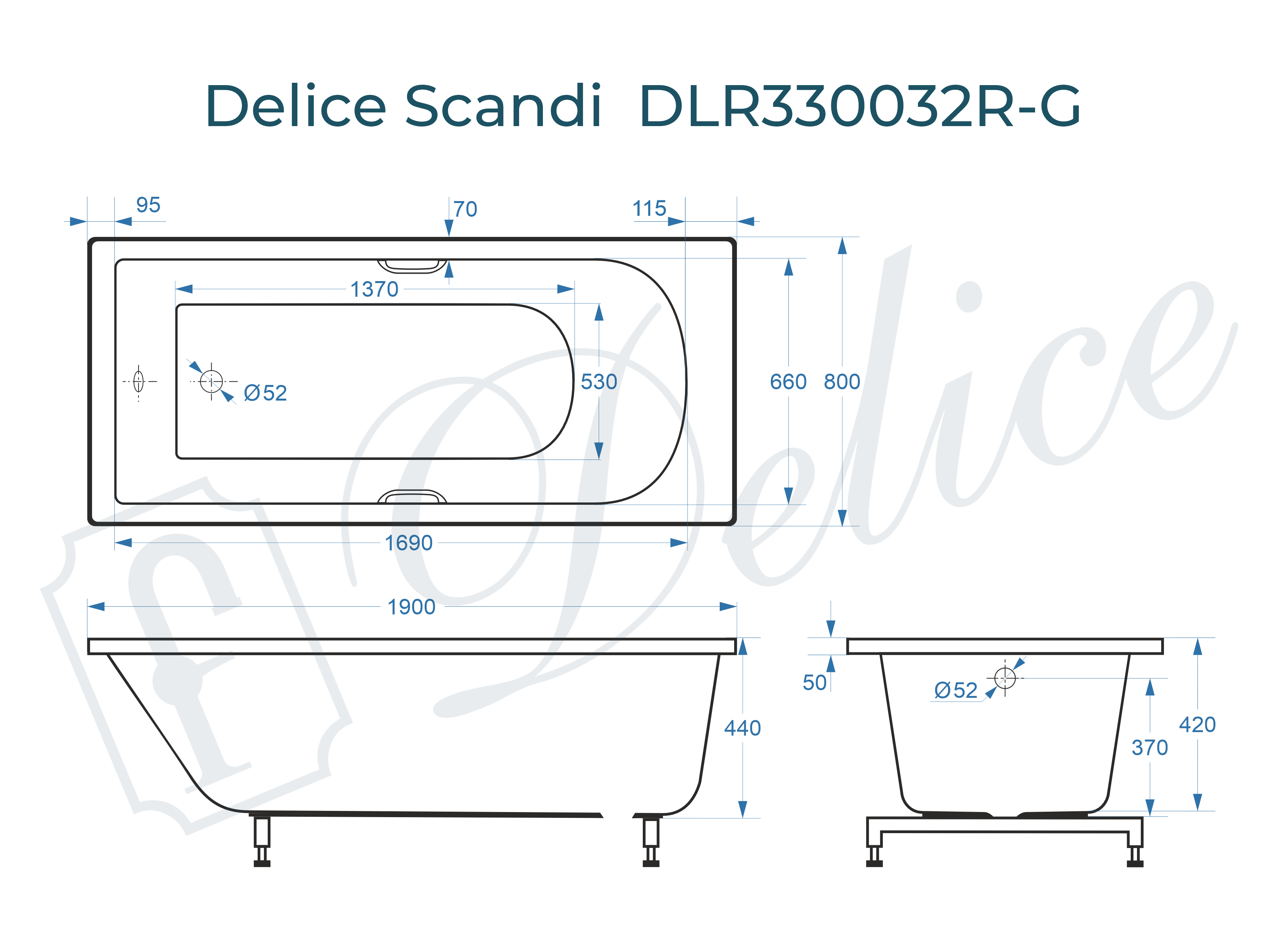 Ванна из литьевого мрамора Delice Scandi 190х80 глянцевая с ручками Хром DLR330032R-G