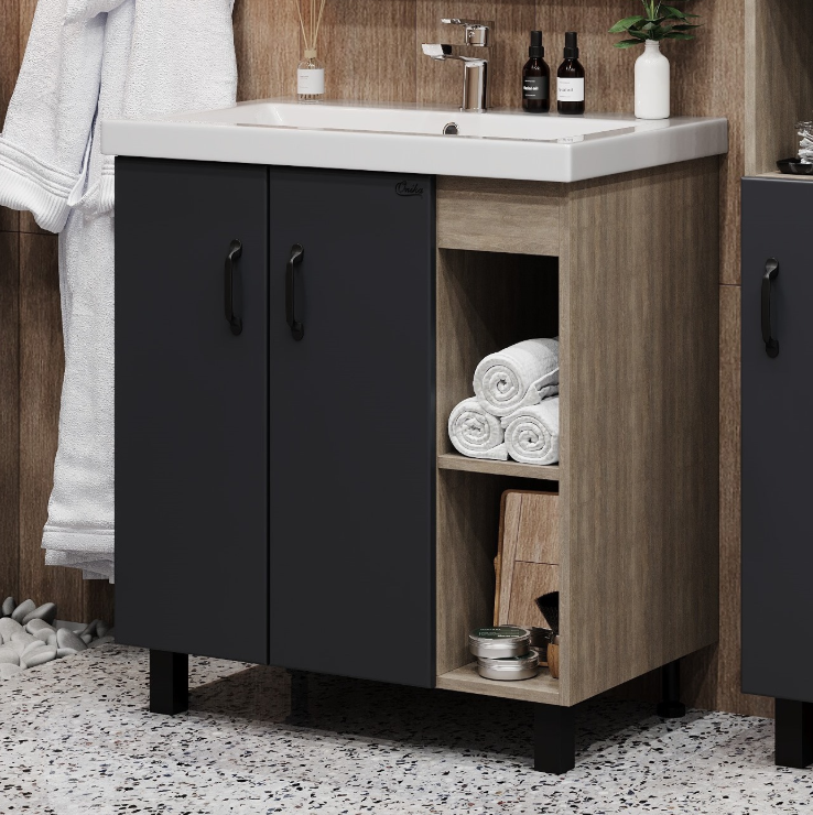 Тумба напольная Onika Тимбер 90 с раковиной Адриана 90, серый матовый/дуб сонома