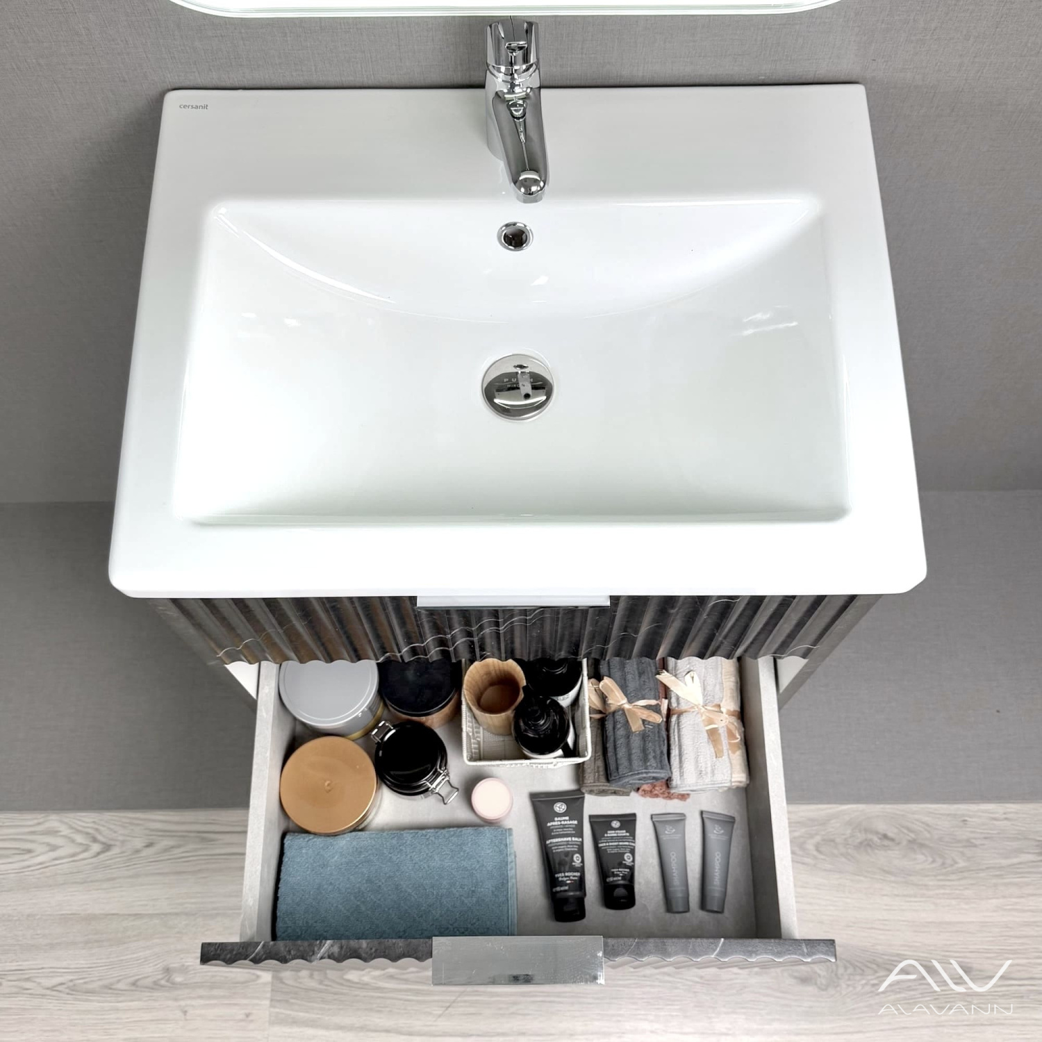 Тумба подвесная Alavann Anna 60 с раковиной Como 60, черный мрамор