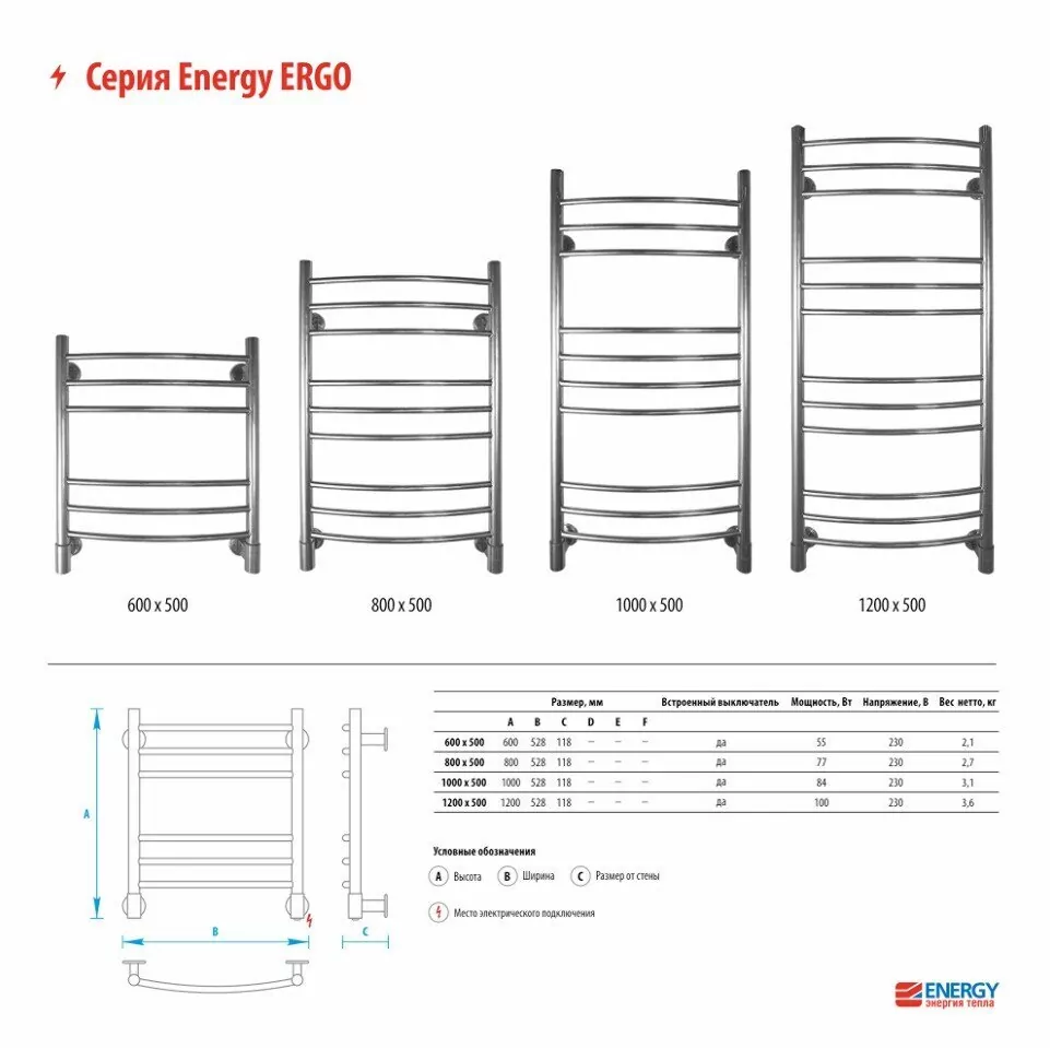 Полотенцесушитель электрический Energy Ergo 1000х500 хром