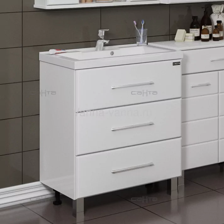 Тумба напольная Санта Омега 70 с раковиной Фостер 70, 3 ящика, белая