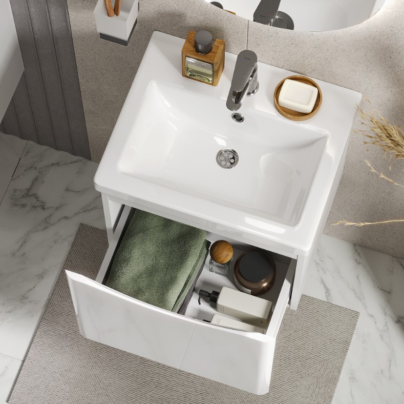 Тумба подвесная Vigo Glem 500-0-1 с раковиной Como 50, 1 ящик, белый