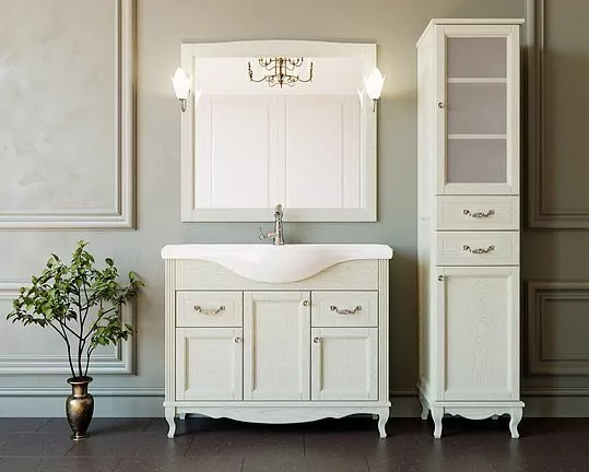 Тумба напольная ValenHouse Эллина 105 с раковиной Классик 105, 3 двери, 2 ящика, слоновая кость, хром