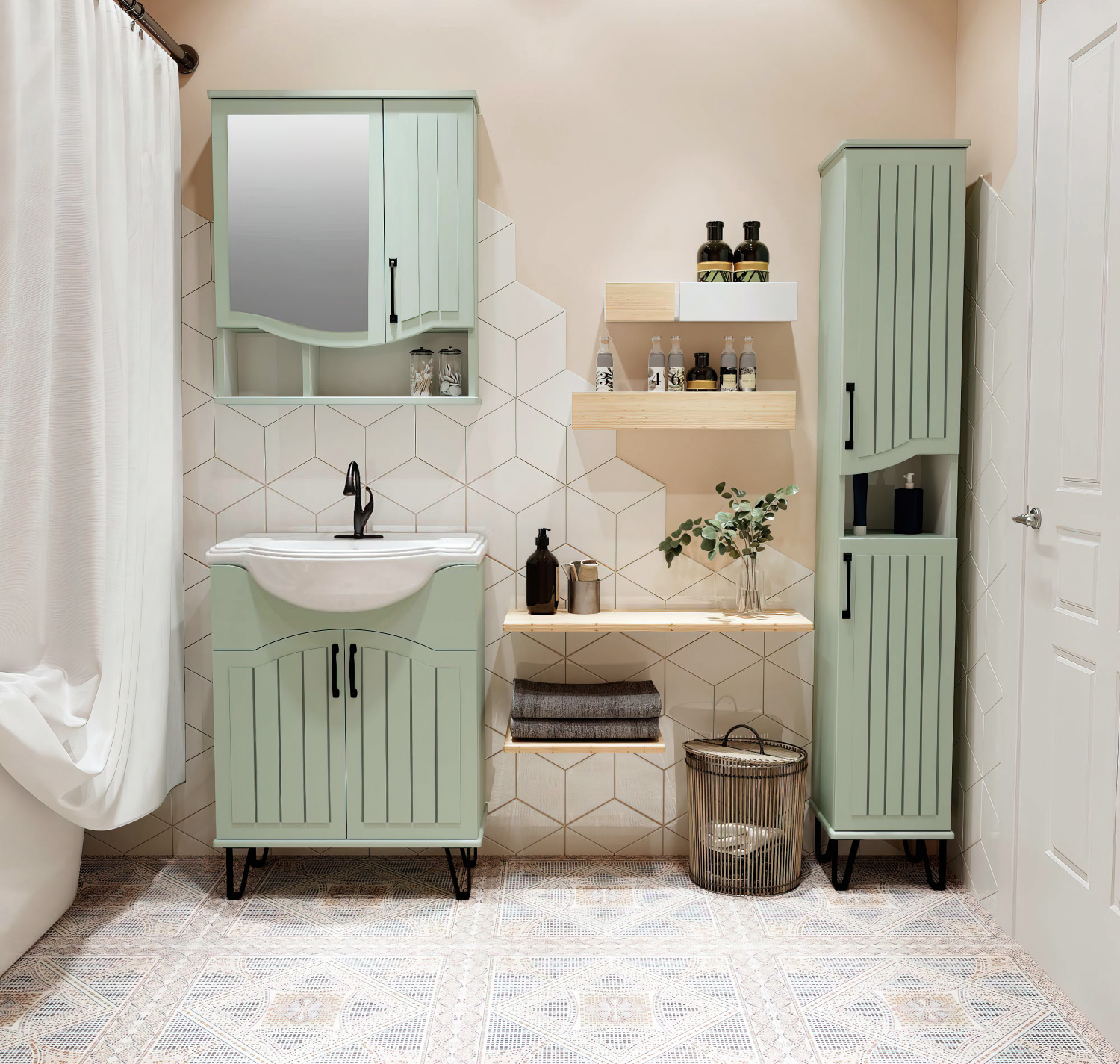 Тумба напольная Runo Марсель 65 с раковиной Классик 65, мята