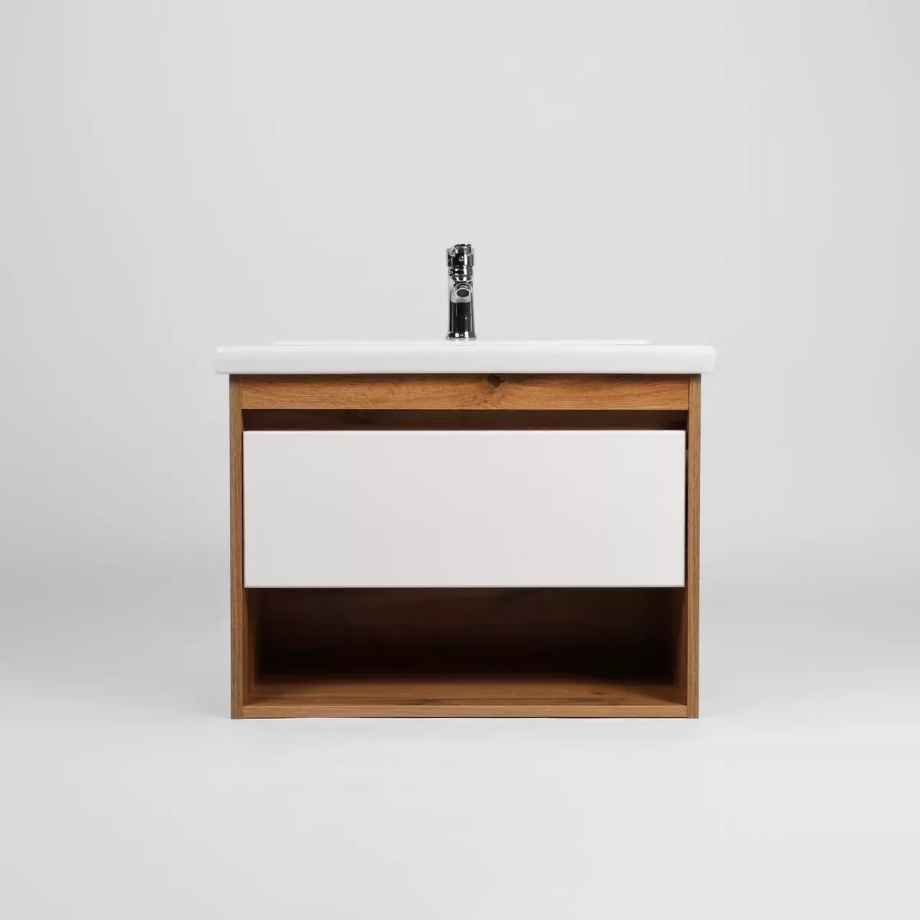 Тумба подвесная Viant Бостон 50 с раковиной Como 50, 1 ящик, белый/дуб вотан