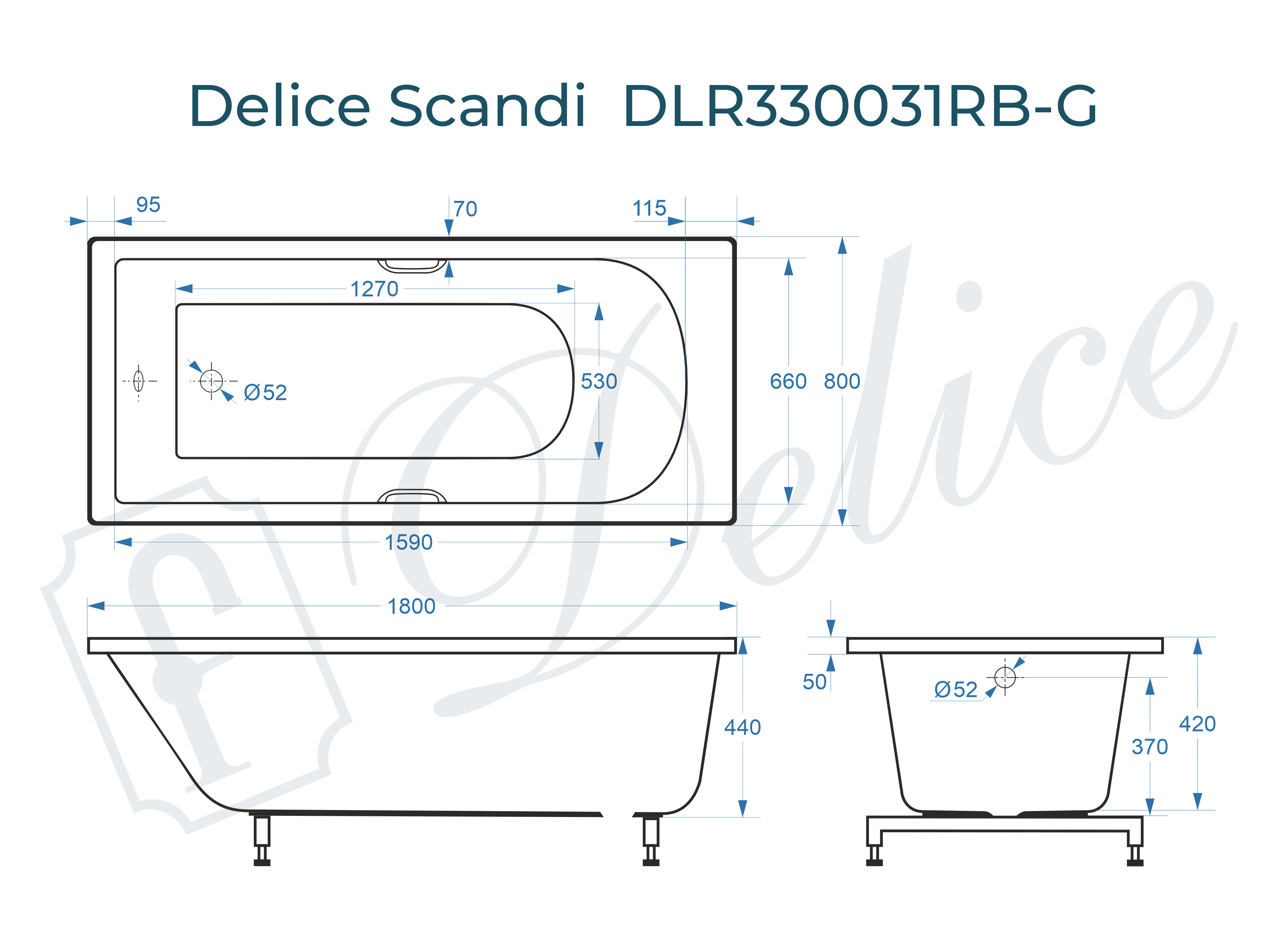 Ванна из литьевого мрамора Delice Scandi 180х80 глянцевая с черными ручками DLR330031RB-G