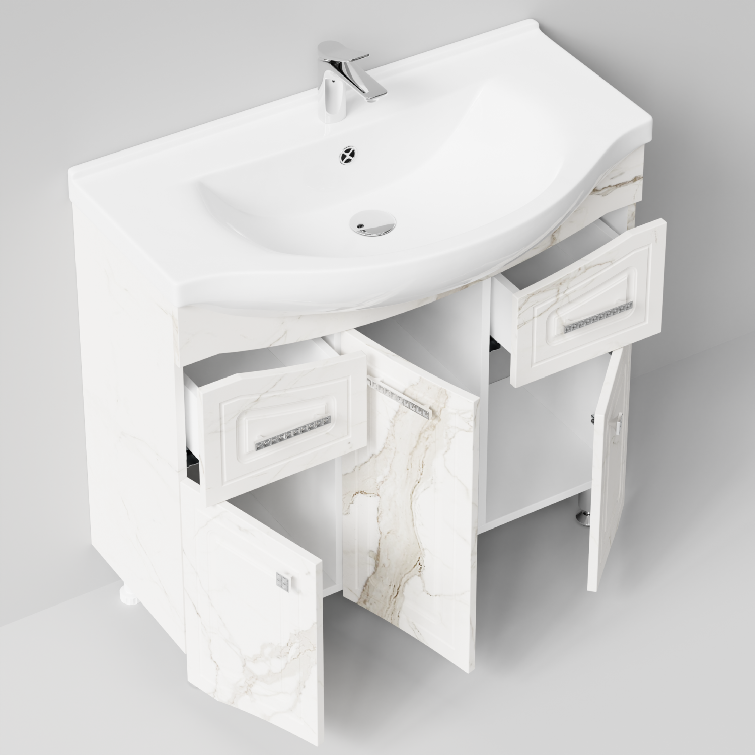 Тумба с раковиной Адам 90 напольная, Мрамор Белый натур милк, петли слева