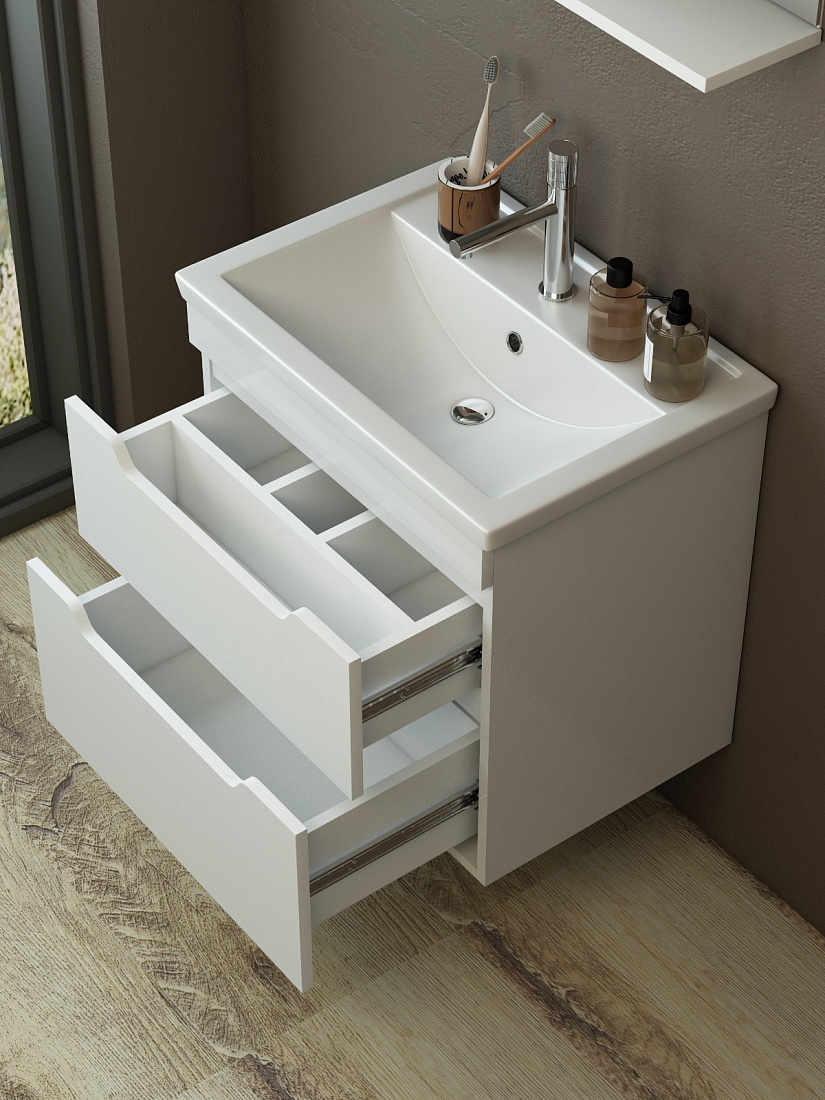 Тумба подвесная Emmy Агата 60 с раковиной Фостер 60, 2 ящика, белый