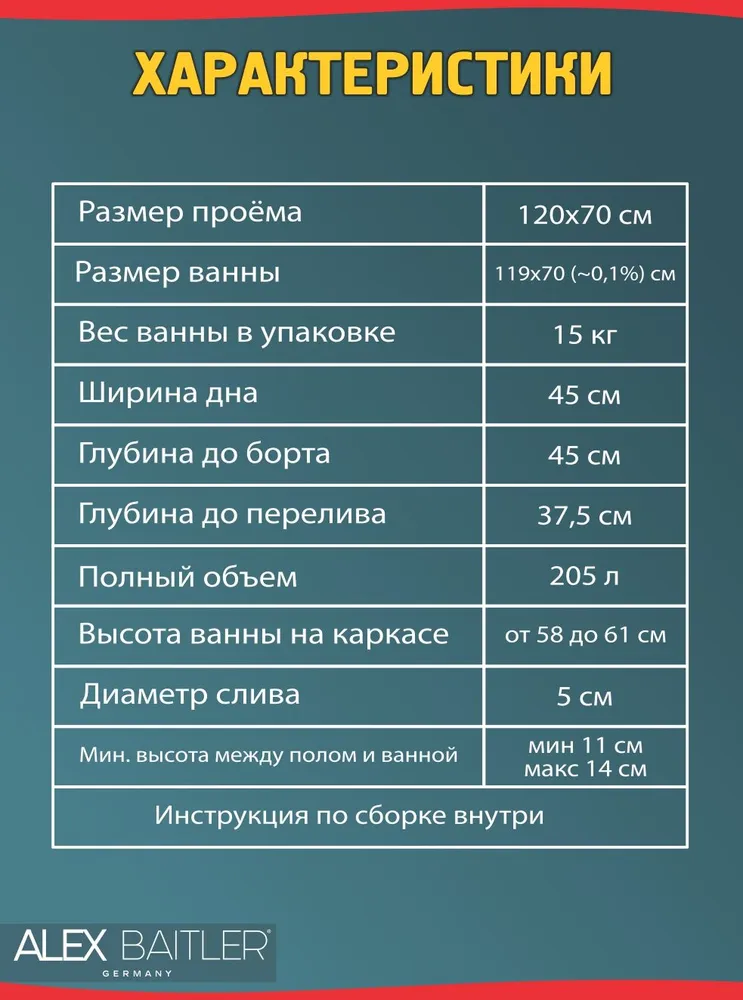 Ванна акриловая Alex Baitler Garda 120x70