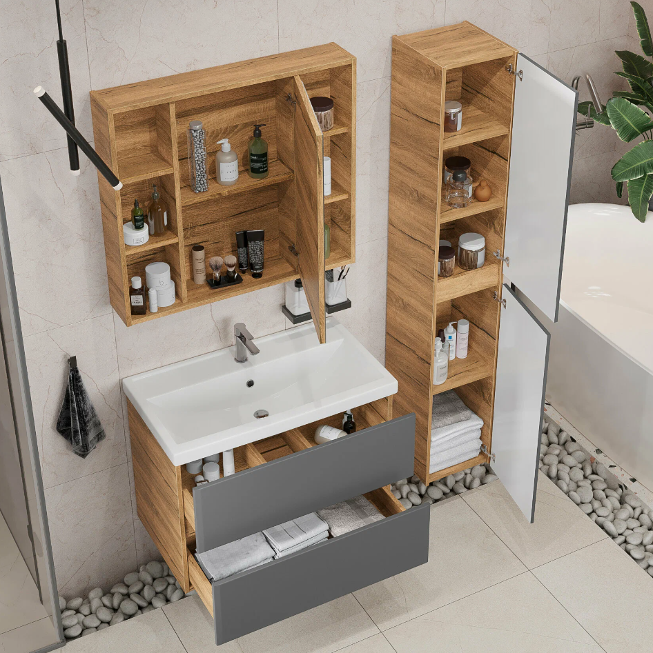 Тумба подвесная SanStar Graffa 70 с раковиной Фостер 70 Дуб вотан, графит софт