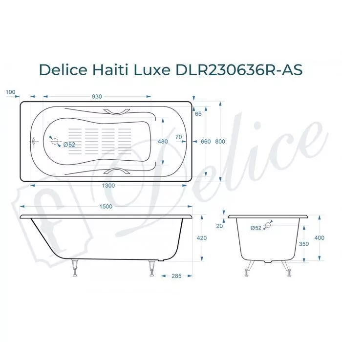 Ванна чугунная Delice Haiti Luxe 150х80 DLR230636R-AS прямоугольная, с отверстиями под ручки и антискользящим покрытием