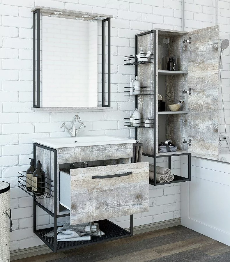 Пенал Sanflor Бруклин 50 L/R подвесной, с открытой полкой, бетон пайн, экзотик